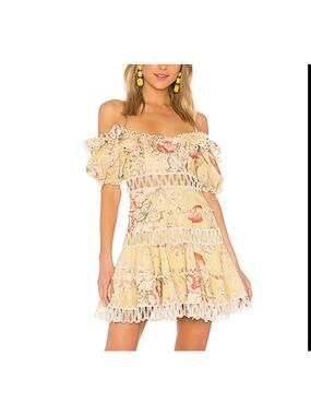 Zimmermann Melody Off Shoulder Mini Dress Yellow Floral (1) Size 6 Flirty Linen